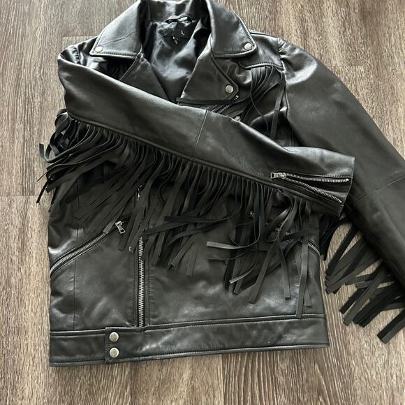 EUC ASOS‎ 100% Real Leather Fringe Moto Jacket Sz Small Black Western Boho Biker - Picture 8 of 16